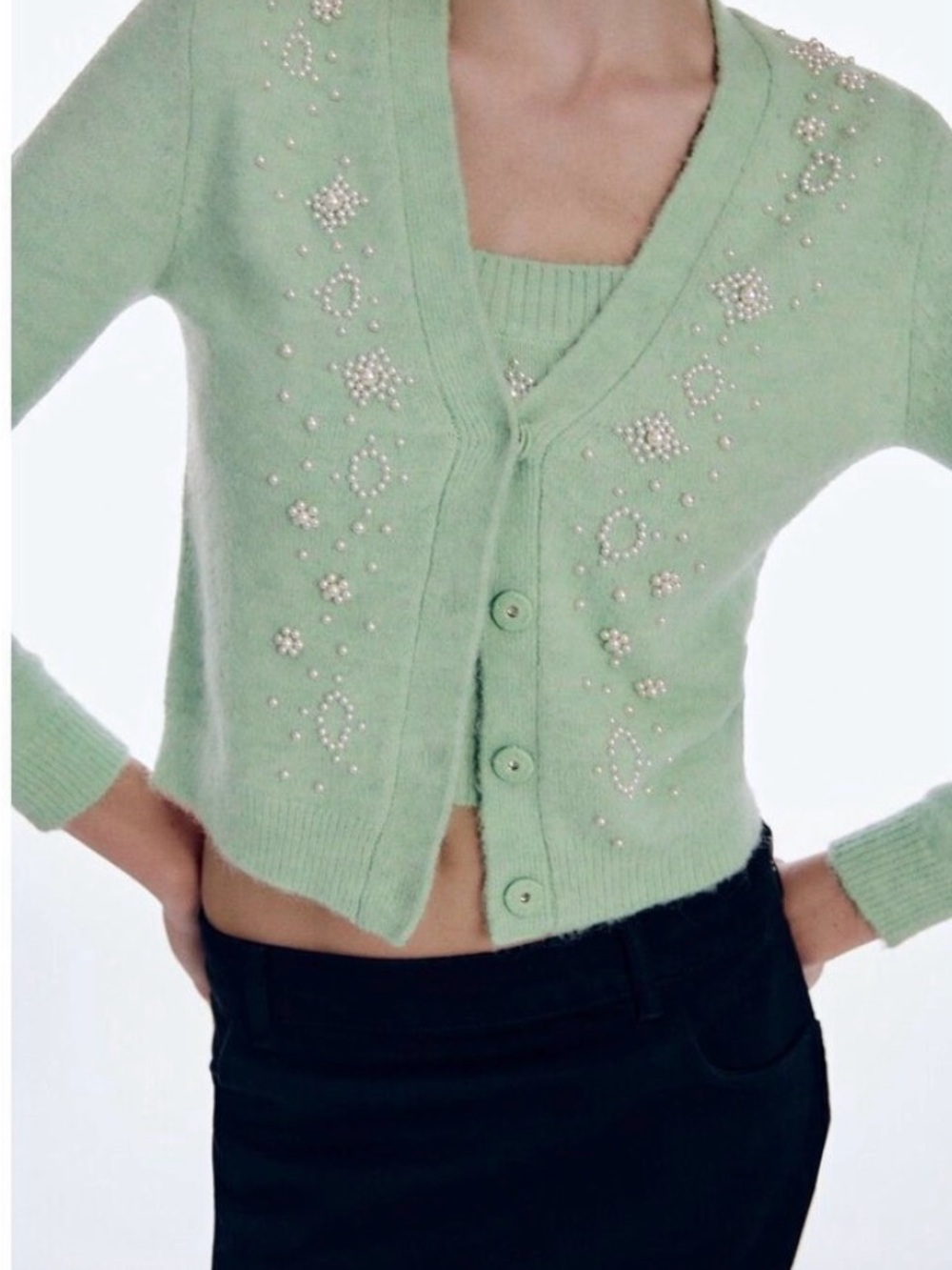 Zara Pearl-Embellished Mint Green V-Neck Cardigan